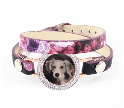 Graveer Armbanden Paars Tropical dubbele Leren Armband met foto graveer munt smal rosé goudkleurig met strass