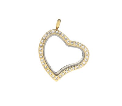 Floating locket Goudkleurige memory locket hart gebogen strass