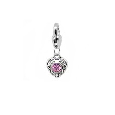 Clip on charms Vintage hartje met roze crystal dangle