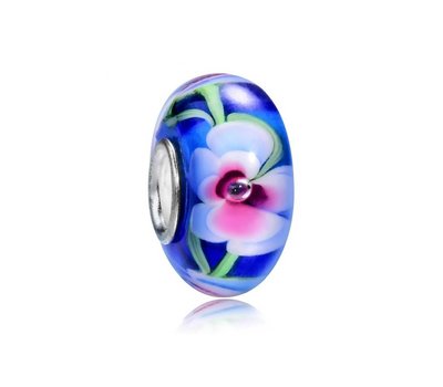 Glas Bedels Glas Bedel blauw met wit en roze bloem voor bedelarmbanden