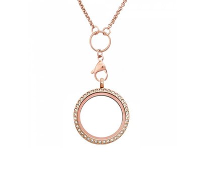 Floating locket Rosé goudkleurige memory locket rond large strass met ketting