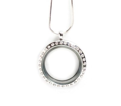 Floating locket Zilverkleurige memory locket rond large strass met snake ketting