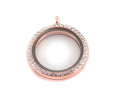 Floating locket Rosé goudkleurige memory locket rond large strass