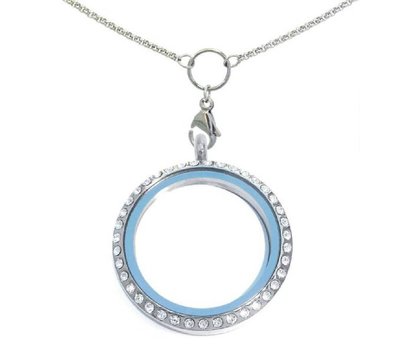 Floating locket Zilverkleurige  memory locket rond XL strass met ketting