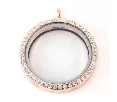 Floating locket Rosé goudkleurige memory locket rond XL strass