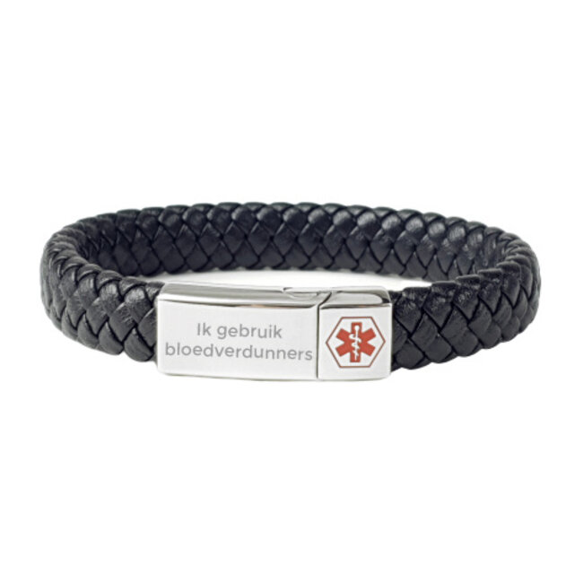 Medische armband zwart leer gevlochten
