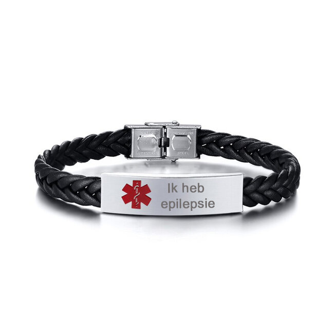 Medische armband zwart leer gevlochten