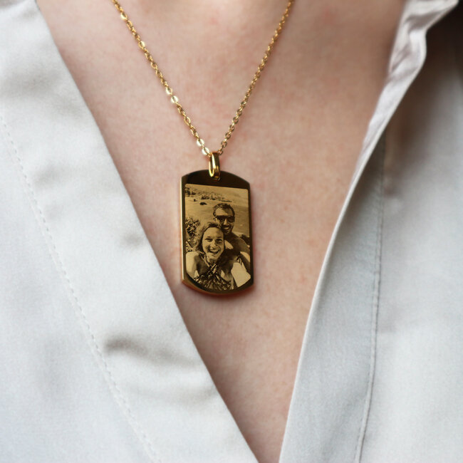Goudkleurige Dogtag Ketting met Foto & Tekst Gravering – RVS