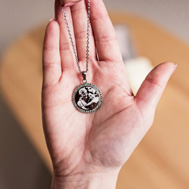 Ketting Graveren met Foto Rond Crystals Zilver