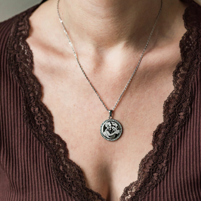 Ketting Graveren met Foto Rond Crystals Zilver