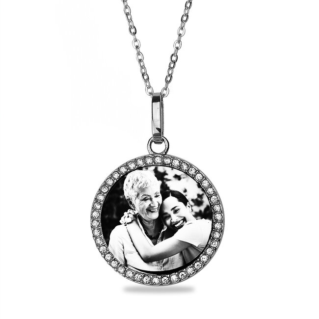 Ketting Graveren met Foto Rond Crystals Zilver