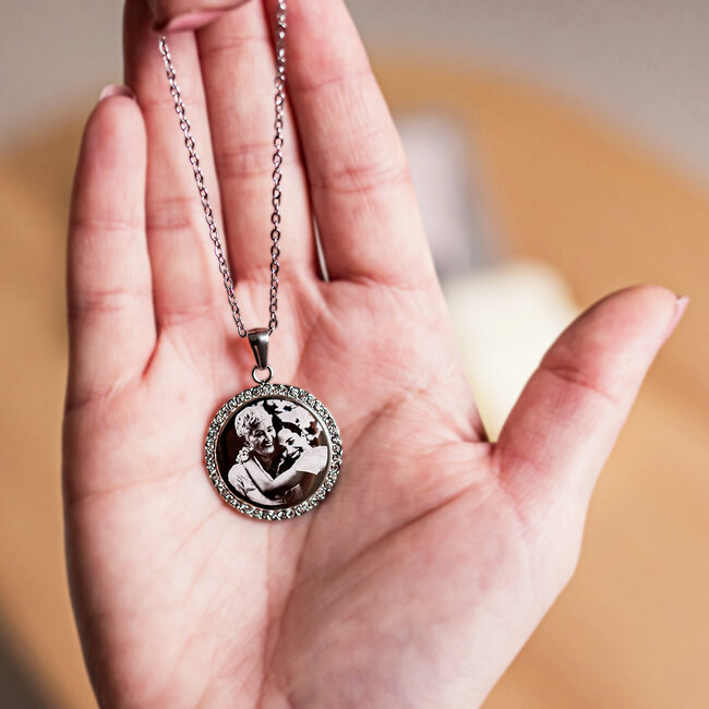 Ketting Graveren met Foto Rond Crystals Zilver