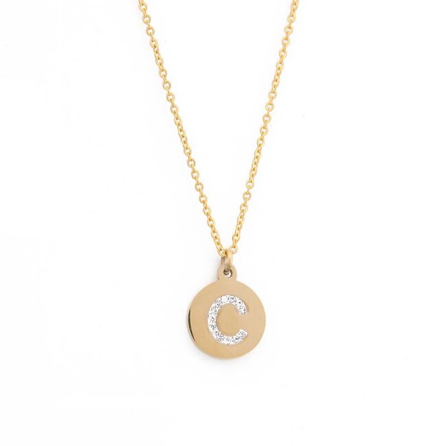 Letter Ketting Crystal C goudkleurig van roestvrij staal.