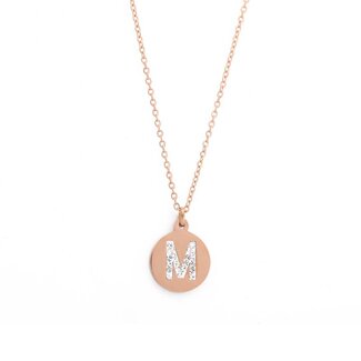Letter Ketting Crystal M rose goudkleurig van roestvrij staal.