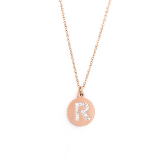 Letter Ketting Crystal R rose goudkleurig van roestvrij staal.