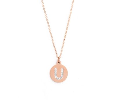 Ketting met letter Letter Ketting Crystal U rose goudkleurig van roestvrij staal.