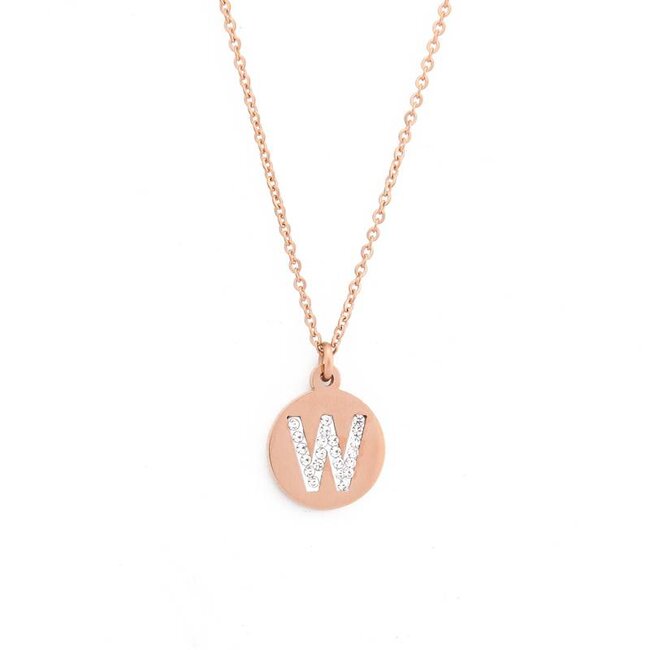 Letter Ketting Crystal W rose goudkleurig van roestvrij staal.