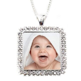 Ketting met foto hanger vierkant crystals zilverkleurig