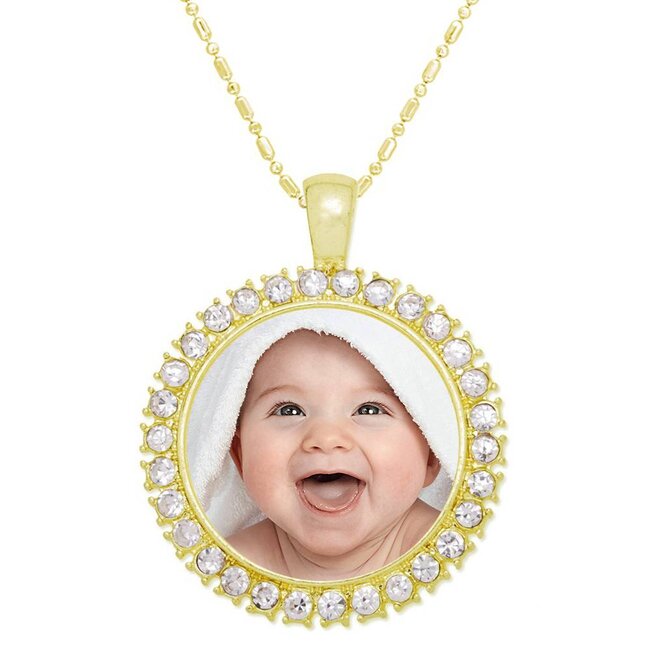 Ketting met foto hanger goudkleurig met crystals