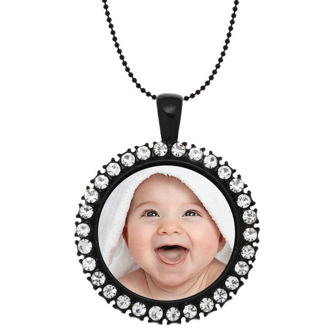 Ketting met foto hanger zwart met crystals