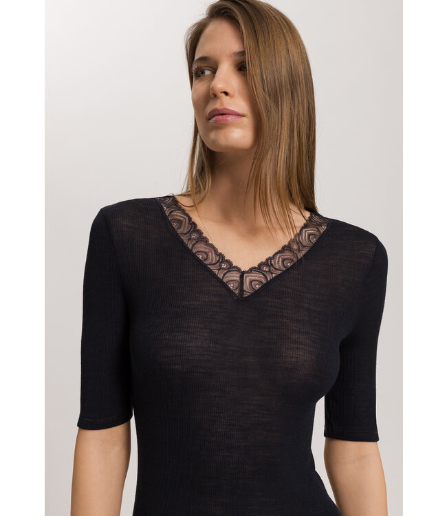 Hanro Woolen Lace Short Sleeve Shirt Black (070829)