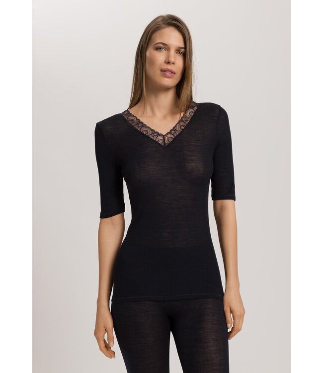 Hanro Woolen Lace Short Sleeve Shirt Black (NEW TREND)