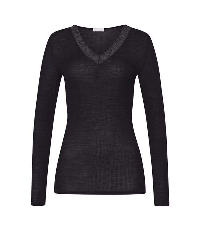 Hanro Woolen Lace Long Sleeve Shirt Black (070830)