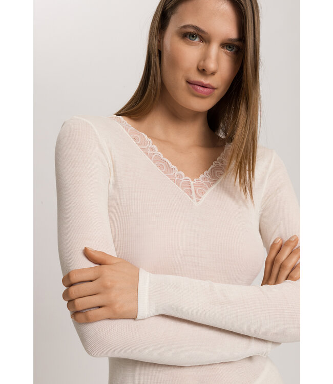 Hanro Woolen Lace Long Sleeve Shirt Misty White (070830)