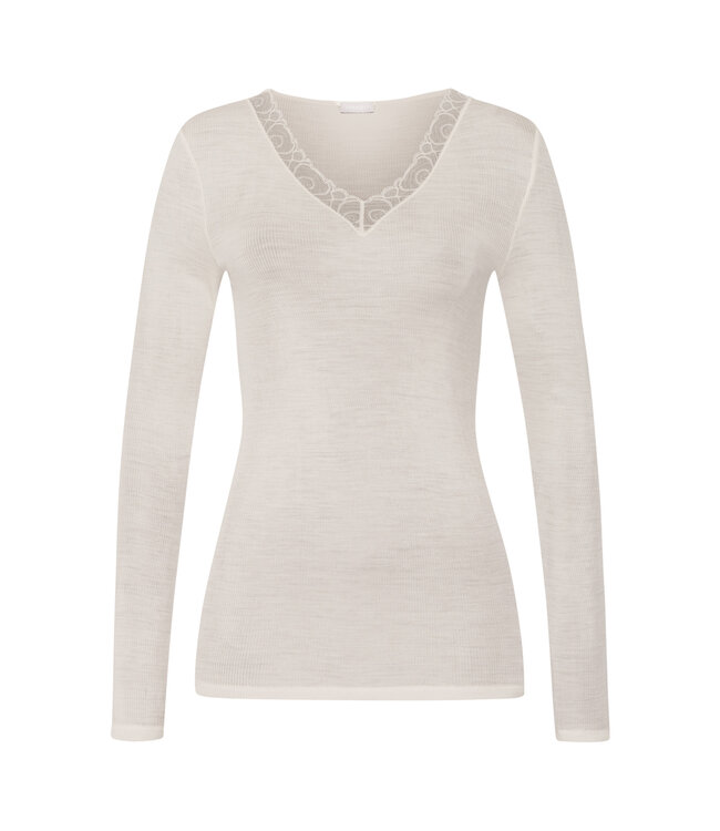 Hanro Woolen Lace Long Sleeve Shirt Misty White (070830)