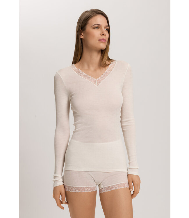 Hanro Woolen Lace Long Sleeve Shirt Misty White (070830)