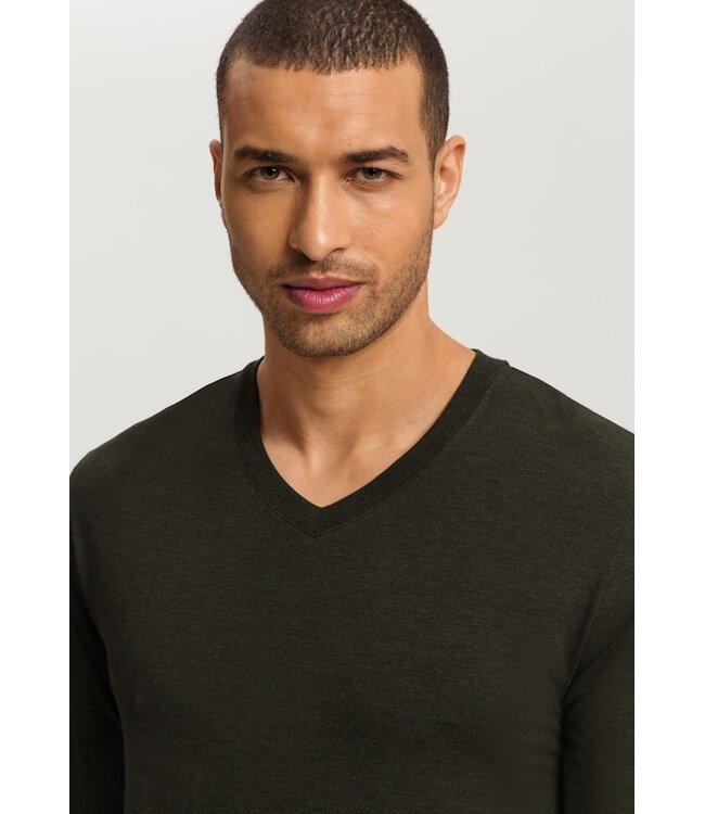 Hanro Casuals  Long Sleeve Shirt V-Neck Earthy Ink Melange (075036)