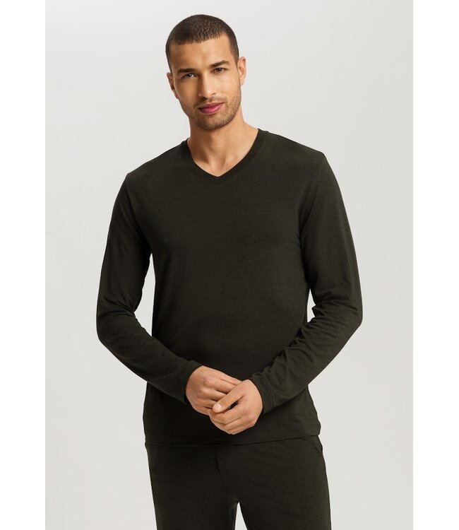 Hanro Casuals  Long Sleeve Shirt V-Neck Earthy Ink Melange (075036)