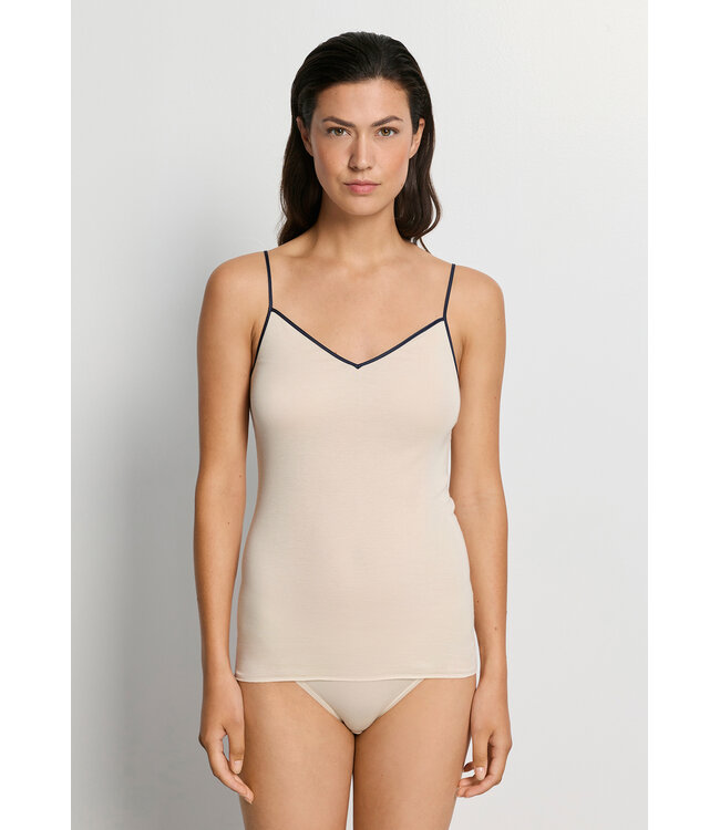 Hanro Cotton Seamless Spaghetti Top Sand & Navy (NEW TREND)
