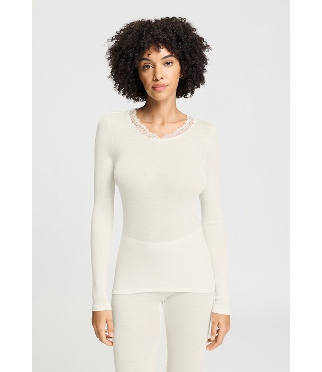 Hanro Woolen Lace Long Sleeve Shirt Misty White (070768)