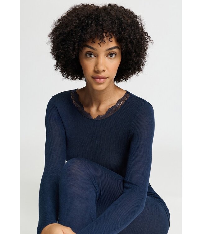 Hanro Woolen Lace Long Sleeve Shirt Deep Navy (070768)