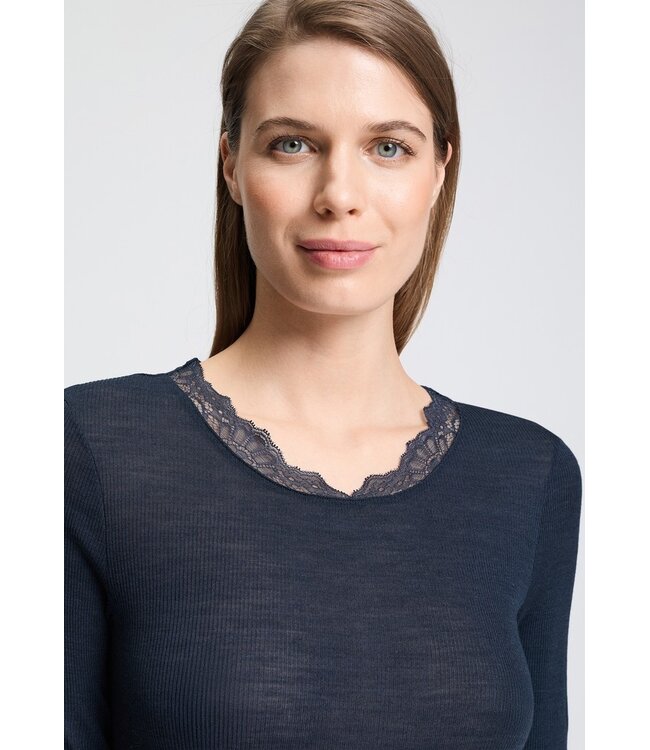 Hanro Woolen Lace Short Sleeve Shirt Deep Navy (070767)