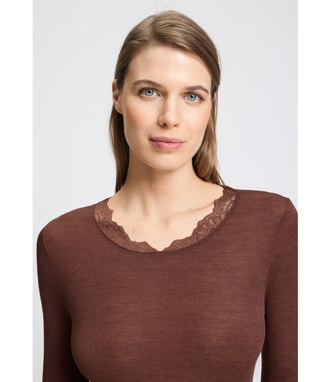Hanro Woolen Lace Long Sleeve Shirt Cinnamon (070768)
