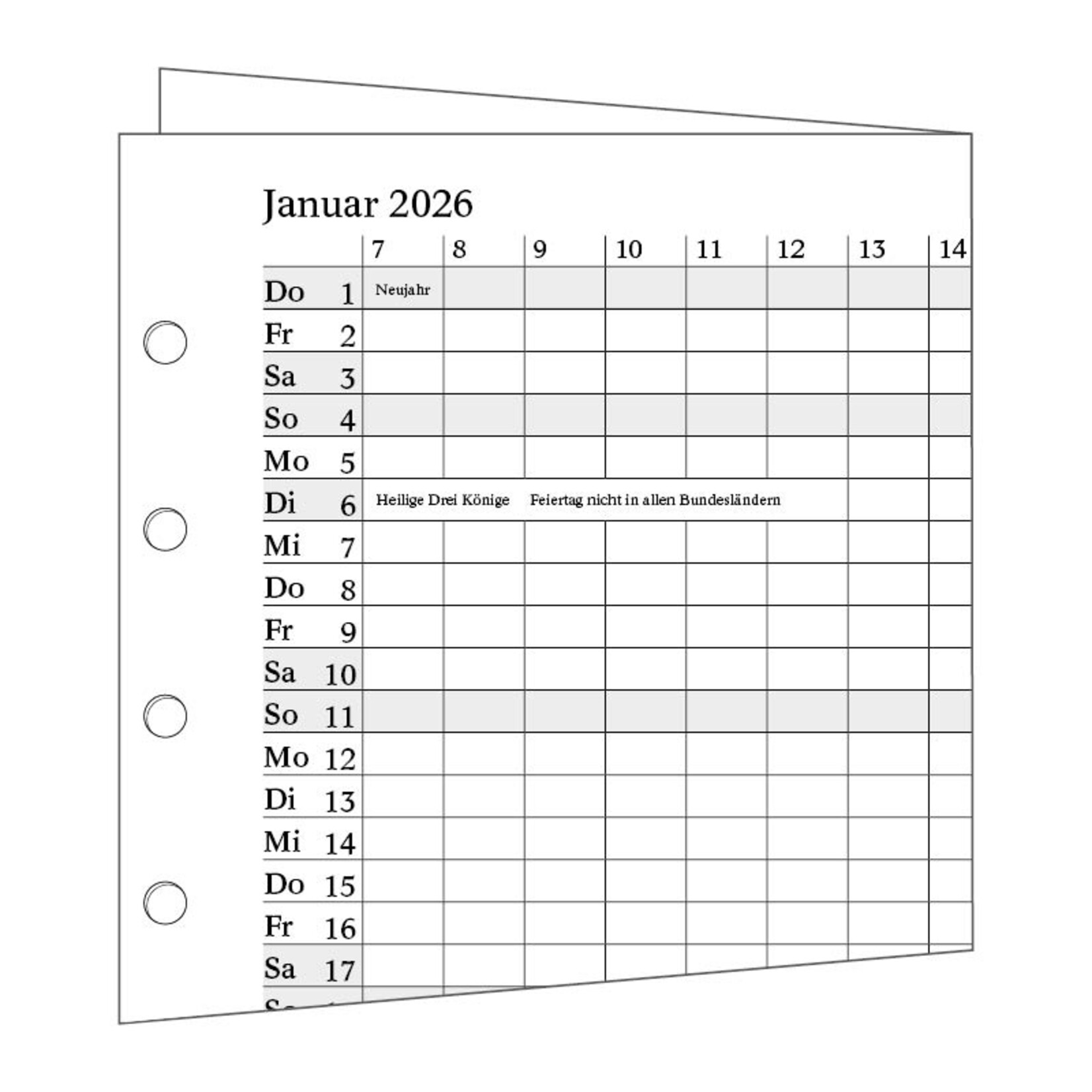 Jahreskalendarium 2026 zweiseitig