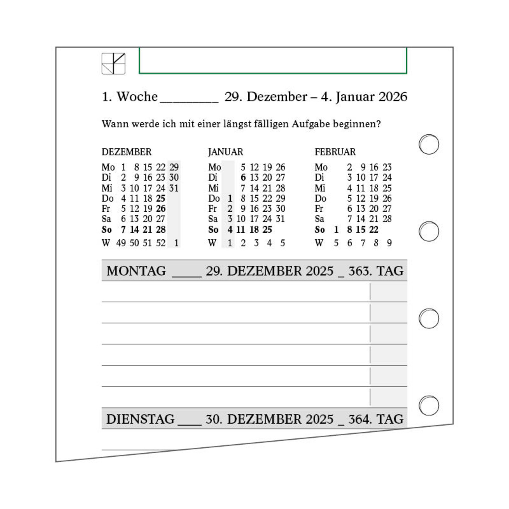 Wochenpläne datiert, mit Griffregister