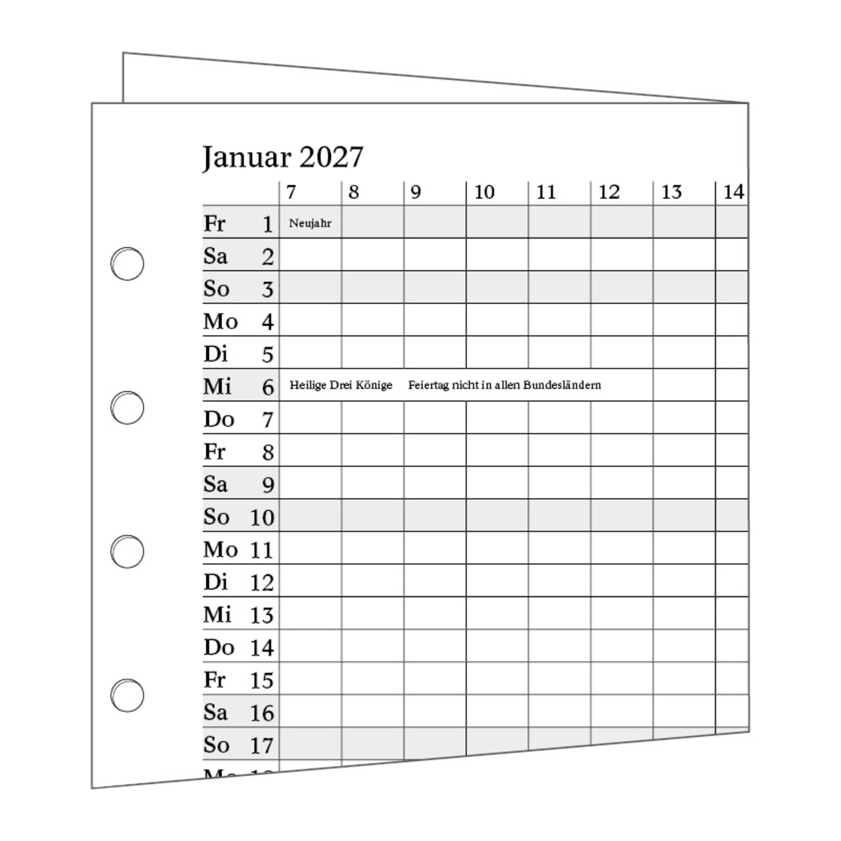 Jahreskalendarium 2027 zweiseitig