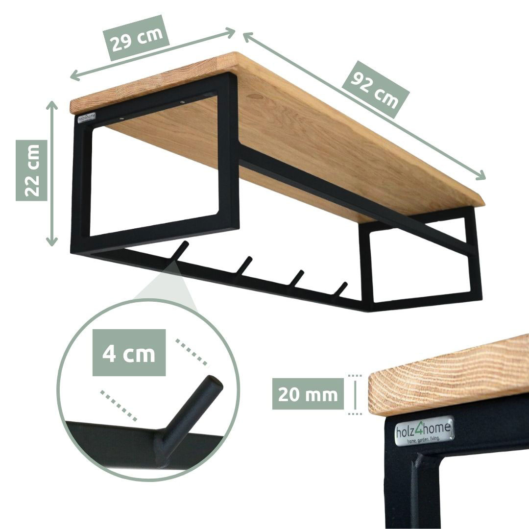 Wandgarderobe mit Ablage aus Eiche mit Baumkante und Metall - Kleidergarderobe Flur