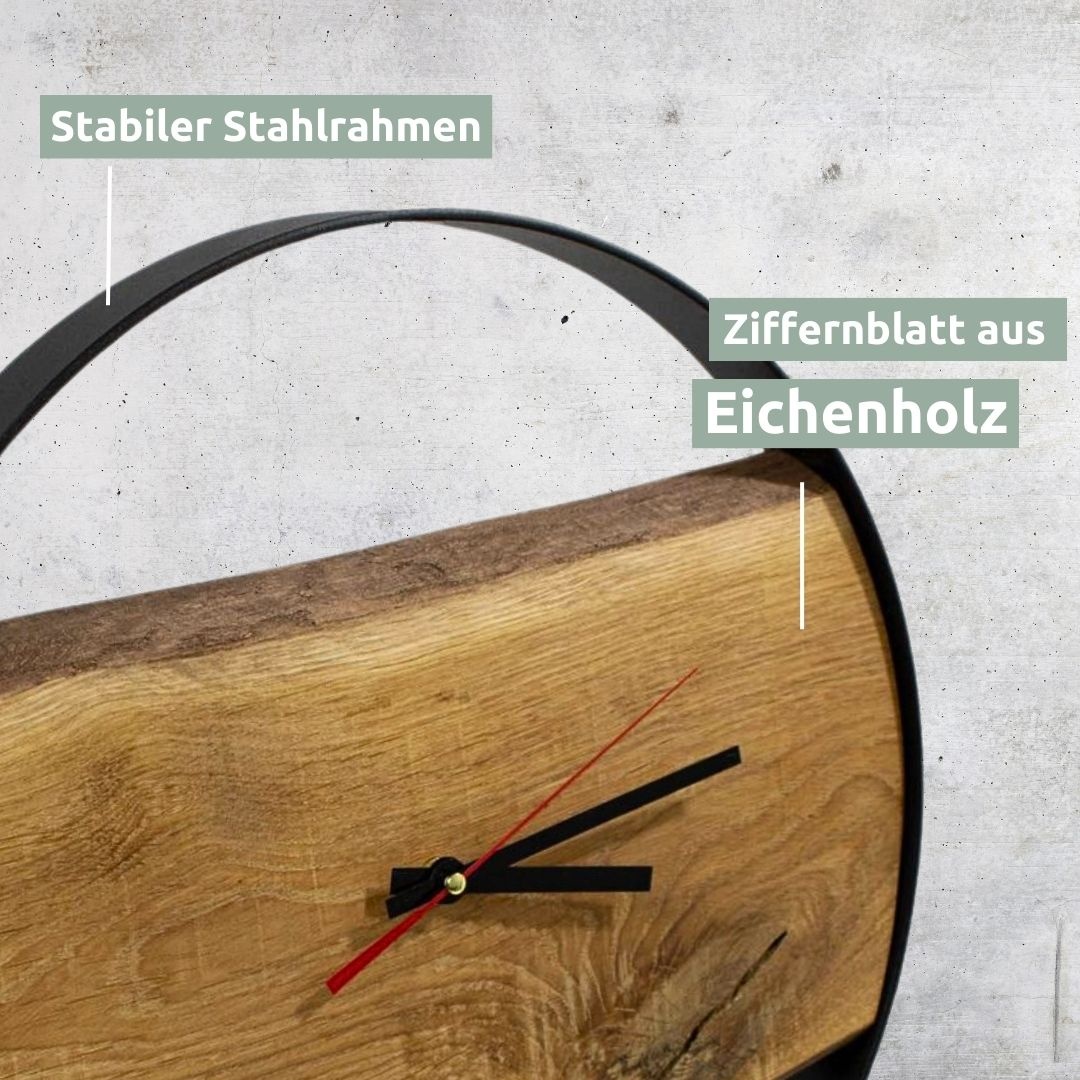 Wanduhr mit Stahlrahmen aus massiver Eiche