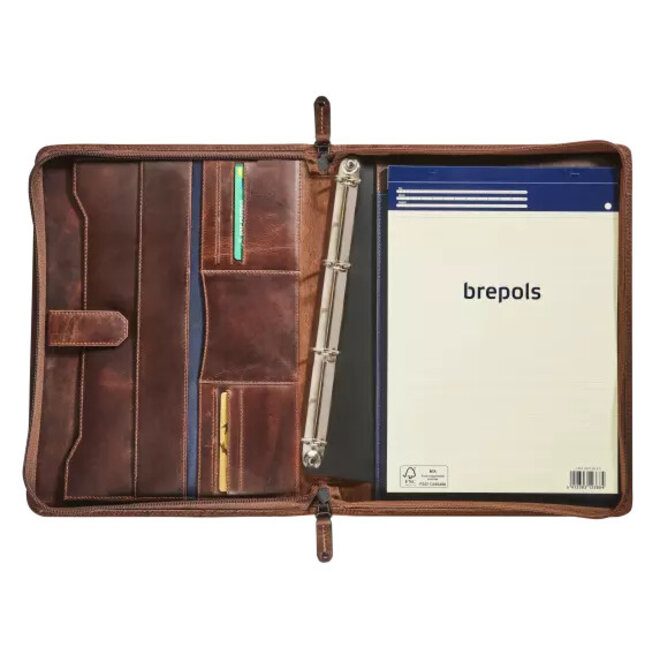 Lederen A4 schrijfmap met uitneembare ringband en rits