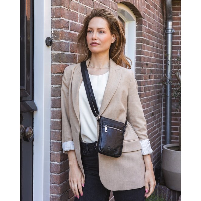 Festival Crossbody telefoontasje | Zwart leer
