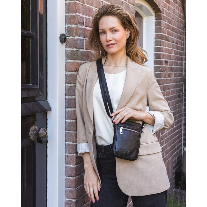 Festival Crossbody telefoontasje | Zwart leer