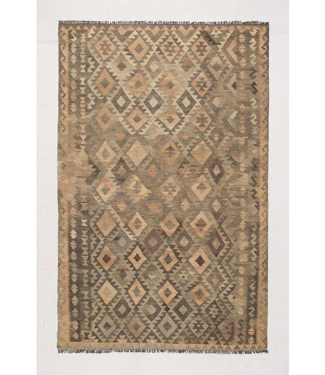 Hand Woven Brown Wool Kilim Area Rug 297x191 cm