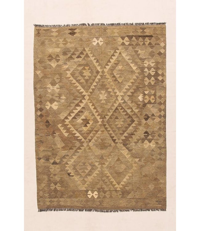 Hand Woven Brown Wool Kilim Area Rug 210x143 cm
