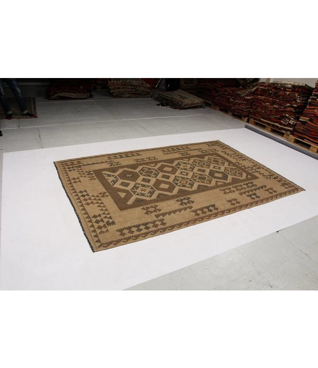 Handgewebte Braun Wolle Kelim Teppich 295x194 cm
