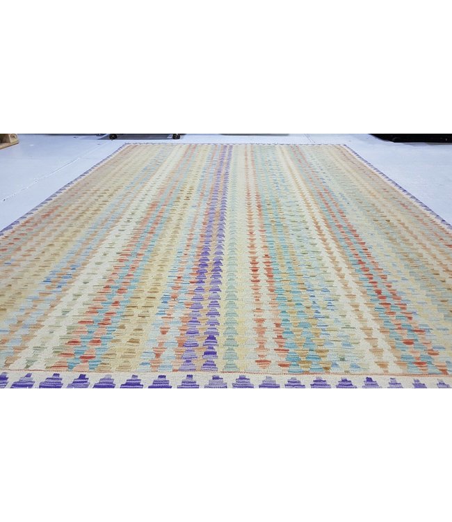 Fantastic Striped Handwoven Transitional Afghan Kilim Rug 292x203 cm Multi color Rectangle Tribal 100% Wool