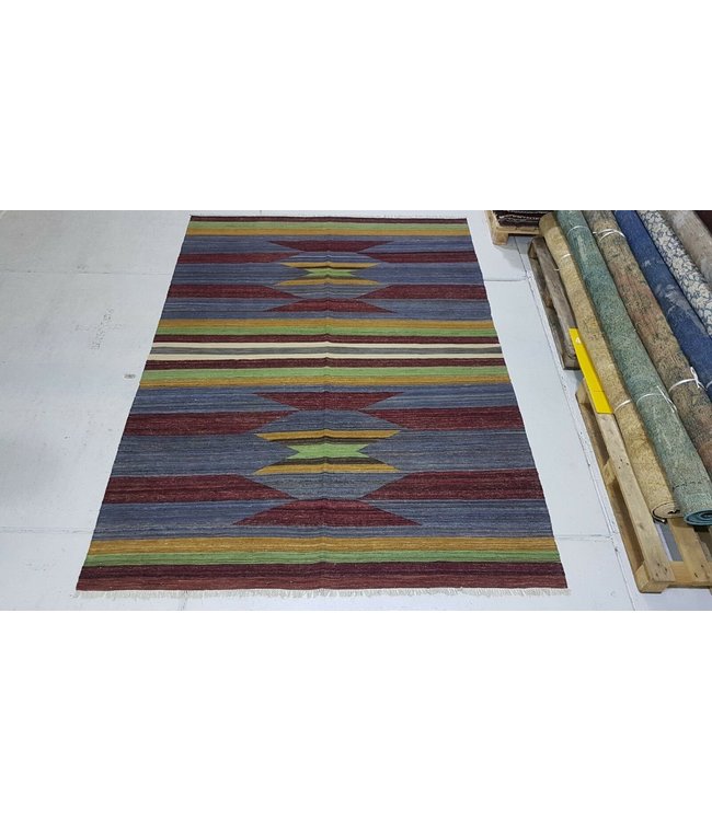 Beautiful Modern Handwoven Geometric Afghan Kilim Rug 301x216 cm Multi color Rectangle Tribal 100% Wool